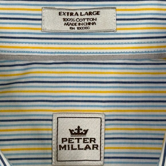 Peter Millar Dress Shirt Mens XL White Yellow Blue Striped Long Sleeve Button Up - Picture 5 of 10